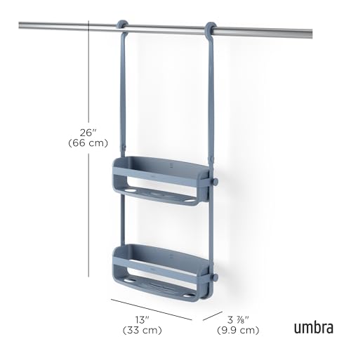 Umbra Flex Shower Caddy, Hanging 2 Shelves Bathroom Organizer, Slate Blue | Flexible silicone bands, drainage system, mold resistant, bottle collars, overhead mount