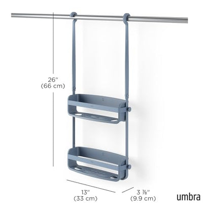 Umbra Flex Shower Caddy, Hanging 2 Shelves Bathroom Organizer, Slate Blue | Flexible silicone bands, drainage system, mold resistant, bottle collars, overhead mount