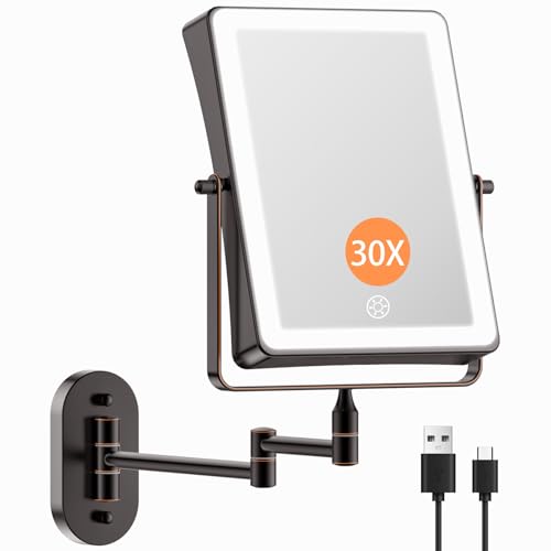 FASCINATE 8.7" 5000mAh Rechargeable Wall Mounted Makeup Mirror (Bronze) | Double Sided 1X 30X Rectangle Wall Mounted Magnifying Mirror with Light, 3 Color Setting, Extended Arm 360° Foldable - color: Bronze a