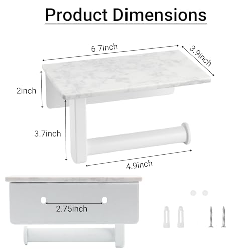 Toilet Paper Holder with Natural Marble Shelf, Wall Mounted Tissue Holder, Modern and Durable Bathroom Accessory for Bathroom Washroom (White) - color: White