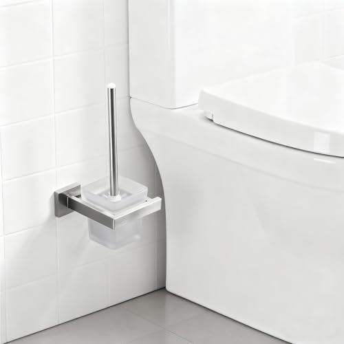 Toilet Brush and Holder Set, NEWRAIN 304 Stainless Steel Wall Mounted Toilet Brush with Long Brush Handle, Brushed Nickel Toilet Scrubber, Glass Canister - color: Brushed Nickel