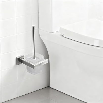 Toilet Brush and Holder Set, NEWRAIN 304 Stainless Steel Wall Mounted Toilet Brush with Long Brush Handle, Brushed Nickel Toilet Scrubber, Glass Canister - color: Brushed Nickel