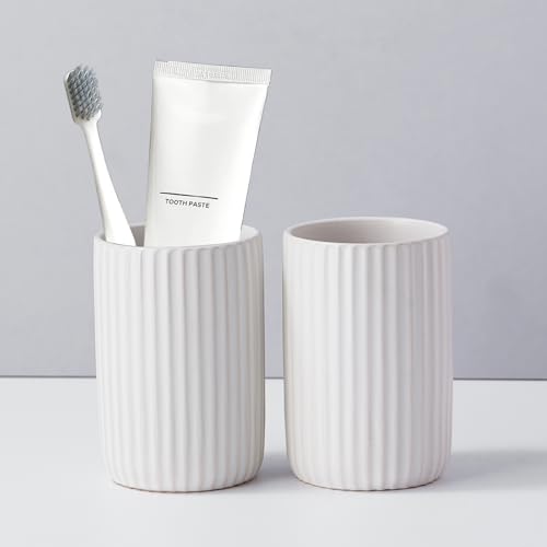 Toothbrush Holders for Bathrooms, Ceramic Tooth Brush Holder Set, Ribbed Bathroom Cups Tumbler, Reusable Toothbrush Mouthwash Cup, Toothpaste Holder Toothbrush Organizer for Bathroom Counter - color: Ribbed-white