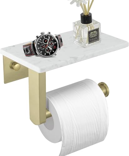 BWE Brushed Gold Toilet Paper Holder with Marble Shelf Wall Mounted | Toilet Paper Roll Holder with Phone Shelf 304 Stainless Steel Tissue Holder for Bathroom Washroom,Saving Space - color: Brushed Gold