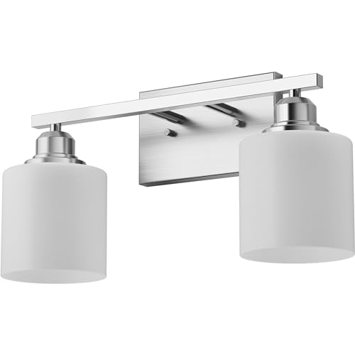 Bathroom Light Fixtures 2-Light, Brushed Nickel Vanity Lights Fixtures, Modern Bathroom Vanity Light Over Mirror, Milky White Glass Shade & Anti-Rust Nickel Finished, Small Bathroom Light - color: Brushed Nickel-2 Light