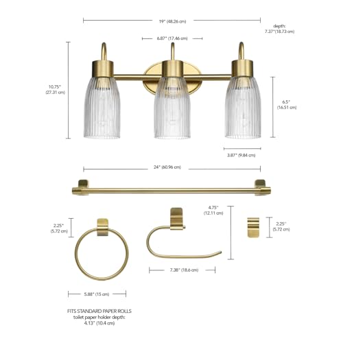 Globe Electric 5-Piece All-in-One Matte Brass Bathroom Accessory Set with 19" 3-Light Vanity Light and Ribbed Glass Shades - color: Black, Ribbed Shades