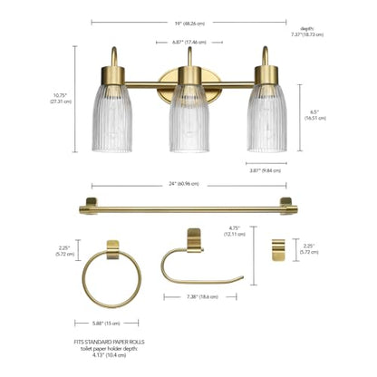 Globe Electric 5-Piece All-in-One Matte Brass Bathroom Accessory Set with 19" 3-Light Vanity Light and Ribbed Glass Shades - color: Black, Ribbed Shades