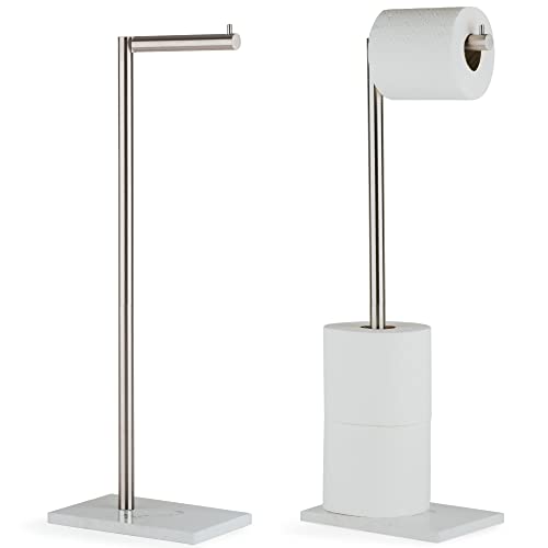 MARMOLUX ACC Free Standing Brushed Nickel Toilet Paper Holder Stand White Marble Base and Storage | 4 Jumbo Roll Bathroom Hardware Toilet Tissue Organizer | Stainless Steel Bathroom Decor Accessory - color: Steel Brushed/White Marble
