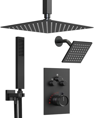 Shower Faucet Set with Handheld Spray, Matte Black | 12" Ceiling Mount SUS304 Rainfall Shower Head System, 6" Side Head, 3-Function Thermostatic Valve Trim Kit, All Metal - color: Matte Black