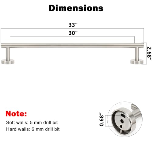 NearMoon Bath Towel Bar, Thicken Stainless Steel Shower Towel Rack Holder Wall Mounted for Bathroom, 33-lnch Overall Length-30-lnch Usable Hanging Space (1 Pack, Brushed Nickel) - color: Brushed Nickel, size: 33 Inch