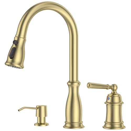 DAYONE Brushed Gold Kitchen Sink Faucet - Separate Handle 3 Holes，Gold Pull Down Faucet with Soap Dispenser，Sink Faucet for Kitchen, Single Handle High Arc - color: Brushed Gold, style: Separate handle