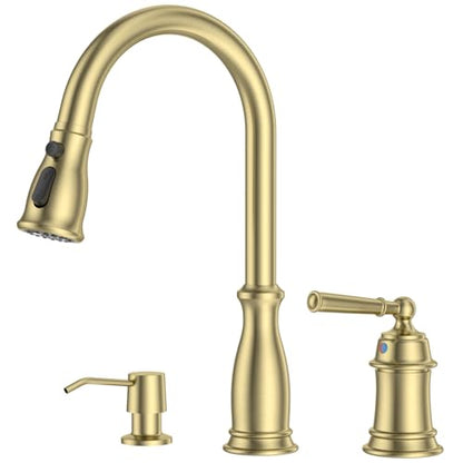DAYONE Brushed Gold Kitchen Sink Faucet - Separate Handle 3 Holes，Gold Pull Down Faucet with Soap Dispenser，Sink Faucet for Kitchen, Single Handle High Arc - color: Brushed Gold, style: Separate handle