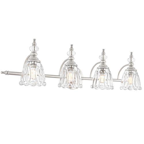 4 Light Brushed Nickel Bathroom Light Fixture, Antique Vanity Light with Flower Glass Shade, Bathroom Vanity Light Over Mirror, Farmhouse Sconces Wall Lighting for Hallway Livingroom Bedroom - color: Nickel, size: 4 light