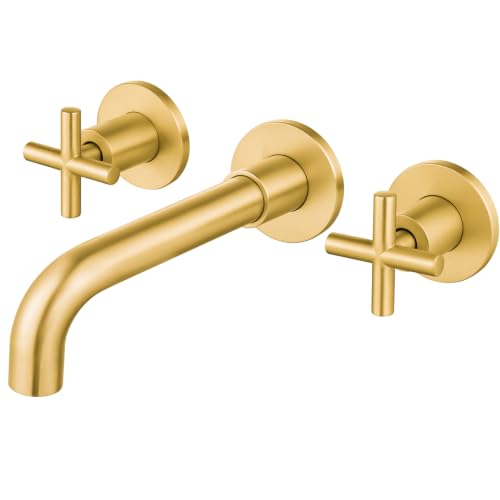 Airuida Solid Brass Brushed Gold Wall Mount Bathroom Faucet | 360° Swivel Spout,Rough in Valve,2 Cross Handle,3 Hole,Widespread - color: Brushed Gold