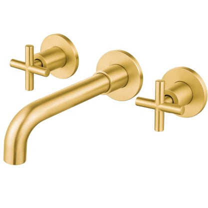 Airuida Solid Brass Brushed Gold Wall Mount Bathroom Faucet | 360° Swivel Spout,Rough in Valve,2 Cross Handle,3 Hole,Widespread - color: Brushed Gold