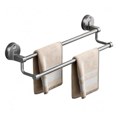 Suction Cup Bathroom Hand Towel Rack Double Bar 2 Tier | Wall Mount, No Drill, Space Aluminium, Electroplated Finish, Length Under 50 Cm(Grey 2 Bar 50cm) - color: Grey 2 Bar 50cm
