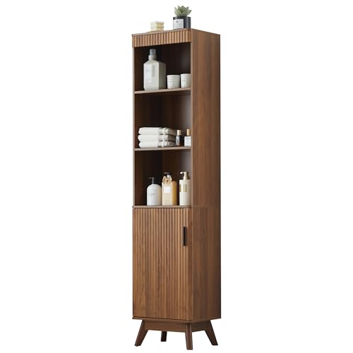 Bifins 68" Tall Bathroom Storage Cabinet,Narrow Fluted Tower Cabinet with Door and Shelves,Slim Space Saving Storage Unit for Bathroom Kitchen Living Room (Walnut, 11.8" D x 15.75" W x 68" H) - color: Walnut, size: 11.8"D x 15.75"W x 68"H
