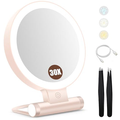 Magnifying Mirror with Light 30X, Double-Sided 1X/30X Magnifying Makeup Mirror with Tweezer, 2000mAh 3 Colour Modes with Adjustable Brightness,Foldable Compact Travel Mirror(Pink) - color: Pink