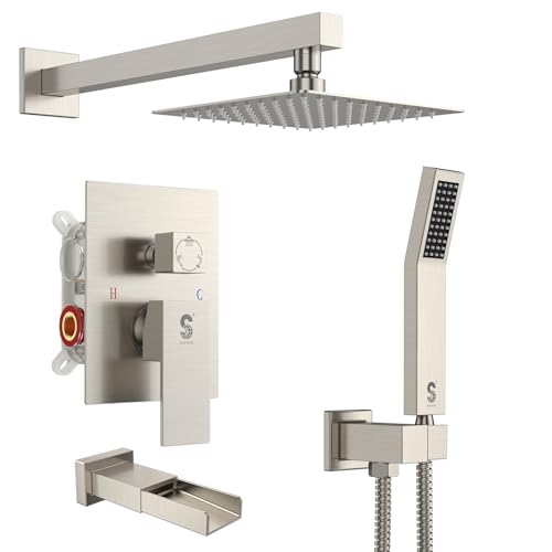 SR SUN RISE 8 Inch All Metal Square Shower System with Tub Spout, Tub Shower Faucet Set, High Pressure Rain Shower Head and Handheld Sprayer Shower Fixtues, Valve Included, Brushed Nickel - color: Brushed Nickel, size: 8 Inch