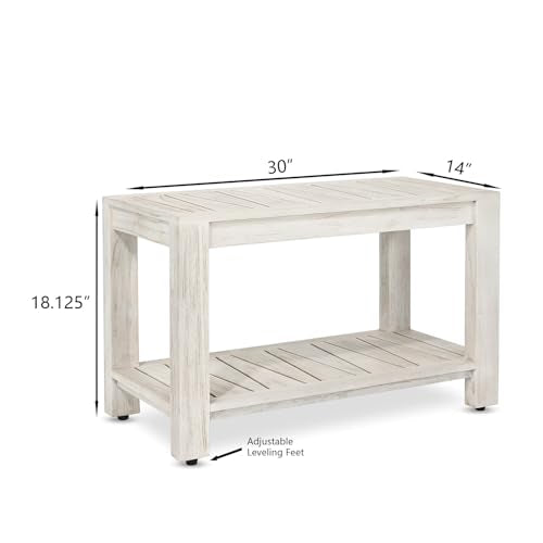 The Sitara Teak Shower Bench with Shelf, 30" Wide, Rustic Light Grey Wash