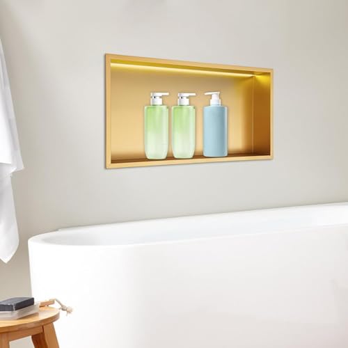 Libsaerty LED Shower Niche with Lights, Waterproof Gold Bathroom Niche Insert, Recessed Wall Shelf for Tile-Free Install, 24x12 Inch Storage for Shampoo, 304 Stainless Steel, 44LbsLoad, Easy Assembly