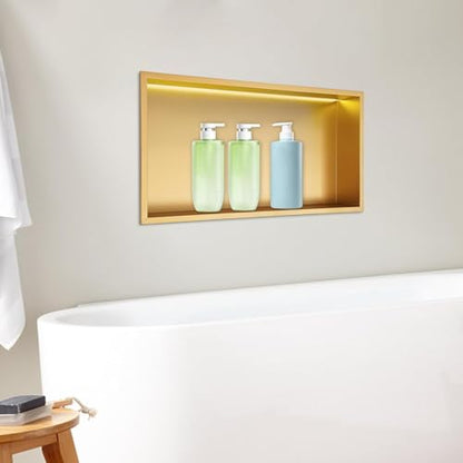 Libsaerty LED Shower Niche with Lights, Waterproof Gold Bathroom Niche Insert, Recessed Wall Shelf for Tile-Free Install, 24x12 Inch Storage for Shampoo, 304 Stainless Steel, 44LbsLoad, Easy Assembly