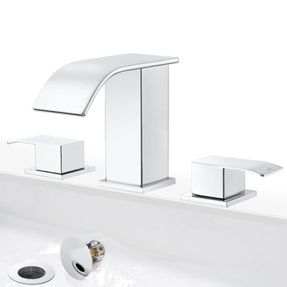 GAGALIFE 8 Inch Waterfall Bathroom Faucets for Sink 3 Hole - Chrome Bathroom Faucet with Pop-up Drain, Widespread Bathroom Sink Faucet 2-Handles, Patent No. : US D967,340 S - color: Chrome, style: With Drain