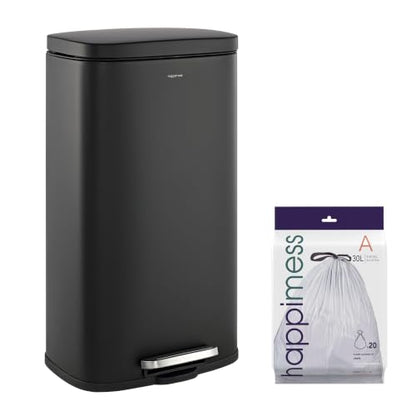 happimess Curtis 8 Gal Step Trash Can Soft Close 25", Charcoal Black | Stainless Steel, Fingerprint Resistant Satin Finish, Removable Liner, Steel Pedal, 20 Trash Bags Included, Kitchen Bin - color: Black