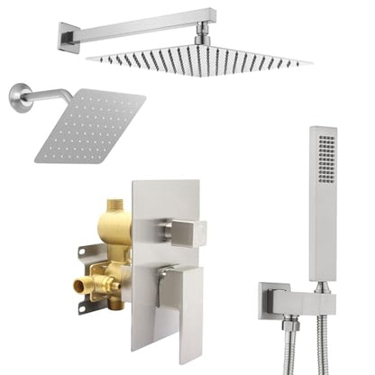 12" Shower Faucet Set Rain Shower System with 6" Wall Mounted Head Full Body Luxury Rain Shower System Rainfall Shower Head with Handheld Combo,3 Way Pressure Balance Valve Kit,Brushed Nickel - color: Brushed Nickel, style: HG-12inch+6inch