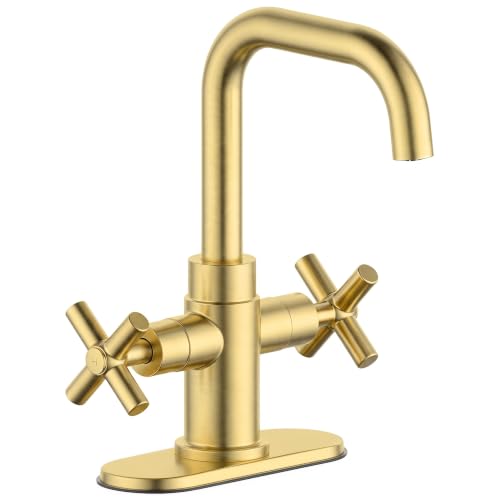 Modern Brushed Gold Bathroom Sink Faucet, 4 Inch Single Hole or 3 Hole Centerset, 2-Handle Cross Handle, 360-Degree Swivel Spout, 1.2 GPM Soft Water Flow, Pop Up Drain - color: Brushed Gold