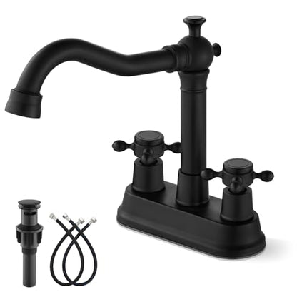 gotonovo 4 Inch Centerset Bathroom Faucet 2 Cross Handles Deck Mount 2 Hole Lavatory Vanity Utility Mixer Tap with Water Supply Hoses and Pop Up Drain RV Farmhouse, Matte Black - color: Matte Black