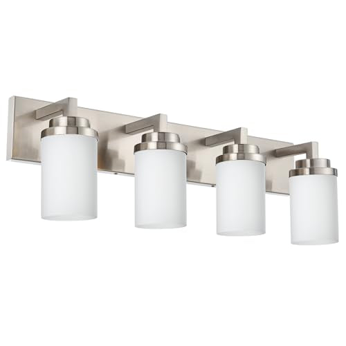 TODOLUZ Bathroom Vanity Light Fixture Over Mirror with Brushed Nickel, Modern 4-Lights Wall Sconces Lighting for Bedroom Living Room Opal White Glass Shades - color: Brushed Nickel, size: 4-Lights
