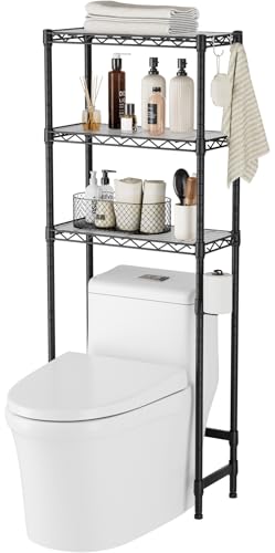 Over The Toilet Storage Shelf 3-Tier Bathroom Organizer and Storage Shelf | with Adjustable Shelf and Basket Freestanding Space Saver Above Toilet for Room Black