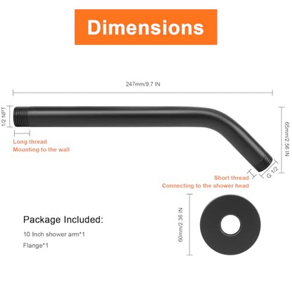 Shower Arm with Flange and Teflon Tape, Wall Mounted Shower Pipe 304 Stainless Steel Extension Arm for Fixed Shower Head & Handheld (10 Inch, Matte Black) - color: Matte Black, style: 10 Inch