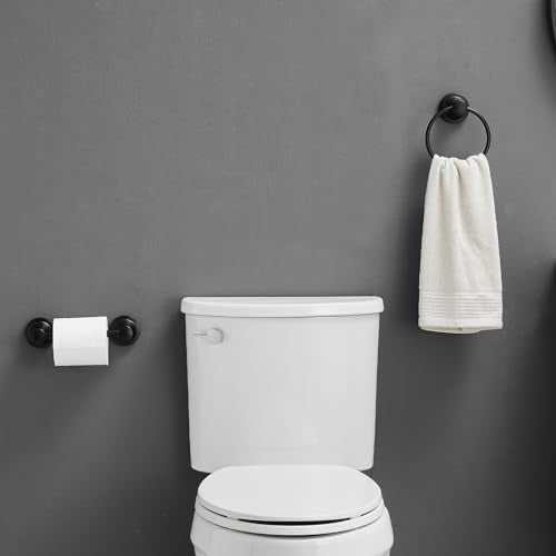 RUMOSE Pivoting Toilet Paper Holder and Hand Towel Ring, Matte Black | Wall Mount, Bathroom Hardware Accessories 2 PCS Set, Toilet Tissue Roll Holder & Towel Hanger, Rustproof, Stainless Steel - color: Matte Black