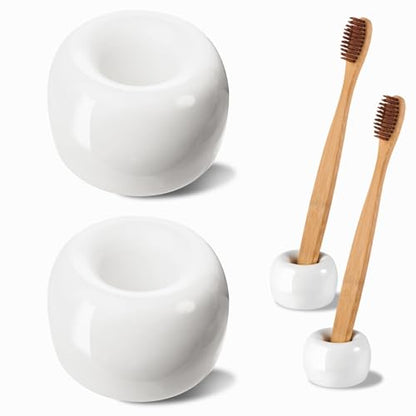 SheeChung Small Ceramic Toothbrush Holders, Mini Tooth Brush Stand, 2 Pack | White Cute Toothbrush Organizer, for Bathroom Countertop, Travel, Camper, Modern, Minimalism, Space-Saving, No-Slip Bottom - color: White