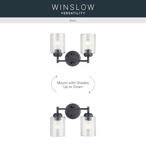 Kichler Winslow 2-Light Farmhouse Vanity Light, Black | Clear seeded glass vanity light with industrial styling (12.75" x 9.25" x 6.5"), 45885BK - color: Black, size: 13"