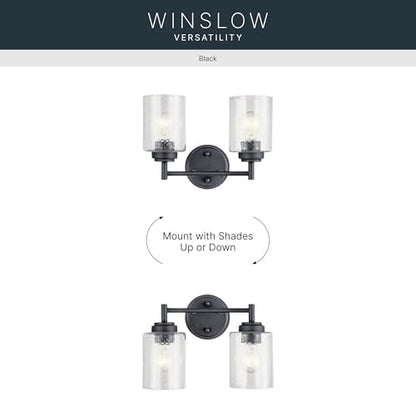Kichler Winslow 2-Light Farmhouse Vanity Light, Black | Clear seeded glass vanity light with industrial styling (12.75" x 9.25" x 6.5"), 45885BK - color: Black, size: 13"