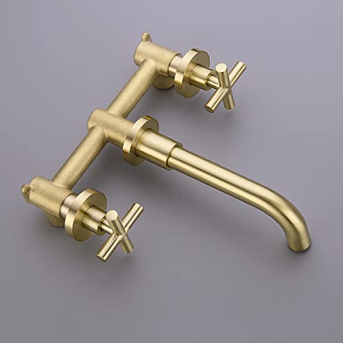 TRUSTMI Brushed Gold Bathroom Faucet Cross Handle Wall Mount Rough-in Valve | Premium Brass Construction, 360° Swivel Spout, Concealed Valve Included, fits Vessel Sinks, 2 Handle - color: Brushed Gold
