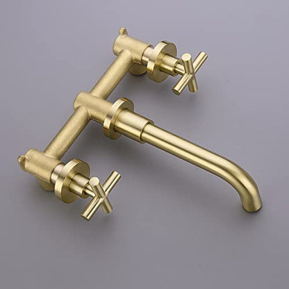TRUSTMI Brushed Gold Bathroom Faucet Cross Handle Wall Mount Rough-in Valve | Premium Brass Construction, 360° Swivel Spout, Concealed Valve Included, fits Vessel Sinks, 2 Handle - color: Brushed Gold