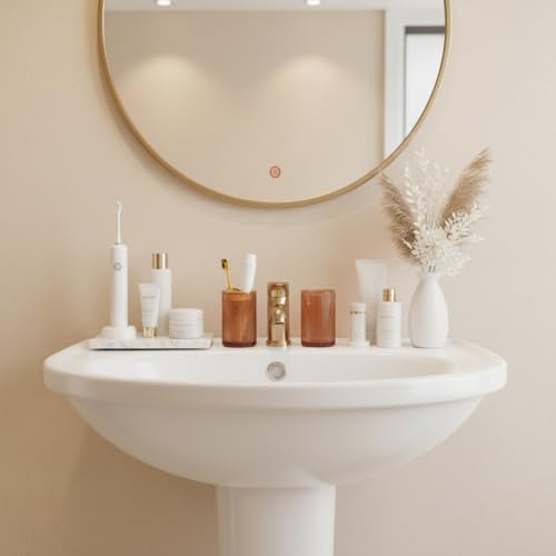 Glass Toothbrush Holder, Clear Bathroom Toothbrush Holder Set, 12oz Bathroom Tumbler Cup, Bathroom Storage Cup Organizer for Tooth Brush, Toothpaste and Makeup Brush - color: Brown Gold