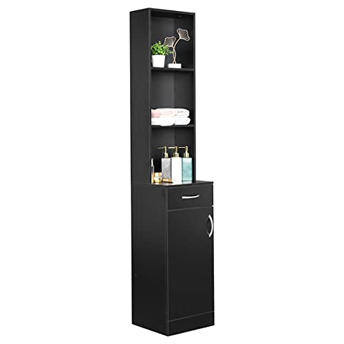 Bathroom Storage Cabinet MDF, Tall Narrow Floor Standing Tower Cabinet Organizer with Door and Open Shelves for Kitchen, Tall Linen Tower for Bathroom, Living Room, Laundry Room, Black 34 x 28 x 178CM