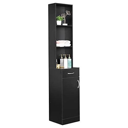 Bathroom Storage Cabinet MDF, Tall Narrow Floor Standing Tower Cabinet Organizer with Door and Open Shelves for Kitchen, Tall Linen Tower for Bathroom, Living Room, Laundry Room, Black 34 x 28 x 178CM