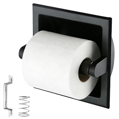 1 Pcs Matte Black Recessed Toilet Paper Holder for Large Rolls, Pivoting Black Toilet Paper Holder Wall Mount Stainless Steel, in Wall Toilet Paper Holder Black, Bathroom Toilet Paper Wall Holder