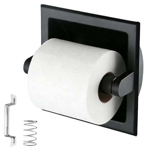 1 Pcs Matte Black Recessed Toilet Paper Holder for Large Rolls, Pivoting Black Toilet Paper Holder Wall Mount Stainless Steel, in Wall Toilet Paper Holder Black, Bathroom Toilet Paper Wall Holder