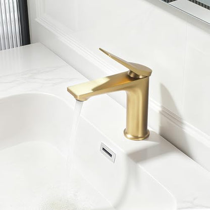 Rbrohant Single Hole Bathroom Faucet, Brushed Gold Single Handle Bathroom Sink Faucets for 1 Hole, Bathroom Vanity Faucet with Pop up Drain, Deck Mount, R2001-BG - color: Brushed Gold, style: No Escutcheon