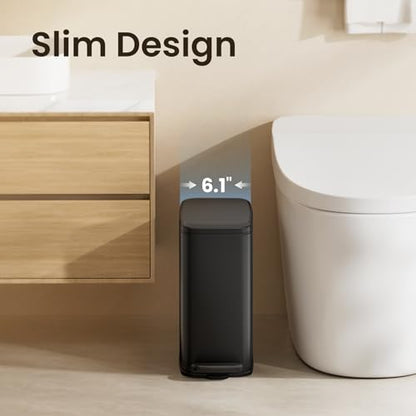 Cesun Slim Bathroom Trash Can with Lid, Soft Close, Black, 6L/1.6 Gallon | Hidden Trash Bag Design, Small, Stainless Steel, Removable Inner Bucket, Foot Pedal, Odor Control, for RV/Office/Bedroom - color: Black