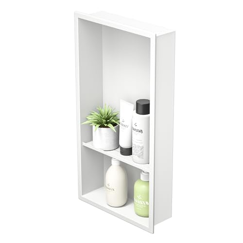 Stainless Steel Shower Niche White 24" X 12" No Tile Needed | Recessed shower niche w/ 2-tier shelf,space-saving,vertical niche, bathroom niche shower for shampoo & soap storage - color: White, size: 12"x 24"