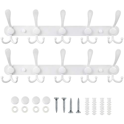 Wall Mounted Coat Rack, 2 Packs 15 Hooks Stainless Steel Coat Hook Rail for Coat Hat Towel Purse Robes Entryway Bathroom Closet Room - color: White