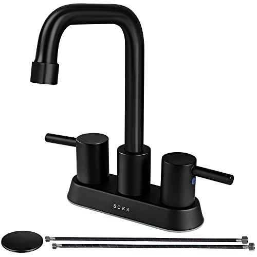 SOKA Centerset Bathroom Faucet 2 Handles 4 Inch Commercial Hand Sink Touch Faucets 3 Hole Bathroom Sink Faucet - color: Matte Black, size: 4" Gooseneck